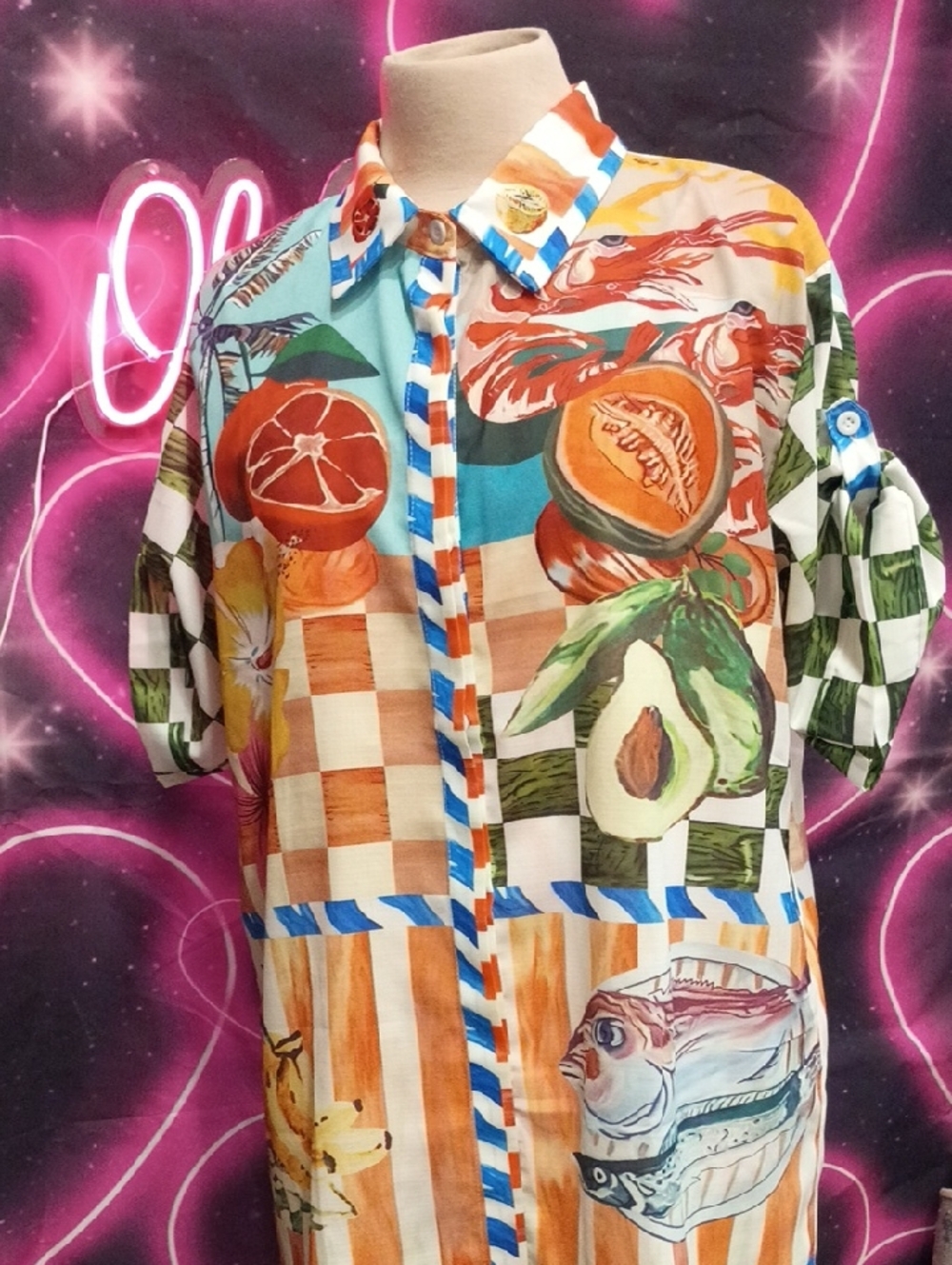 Alemais Multicolor Fruit & Checkered Print Button-Up Blouse